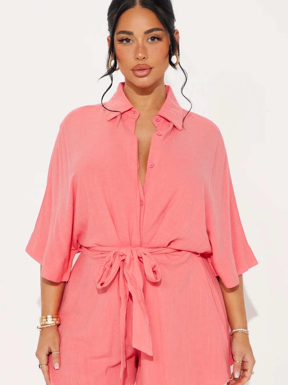 Fashion Nova Coral Button-Front Tie-Waist Jumpsuit
